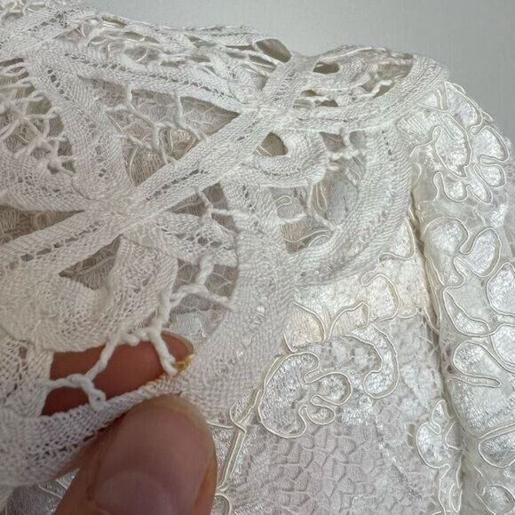 Vintage 70s Handmade Floral White Lace Embroidered Structured Jacket Coat Dress - Picture 5 of 15